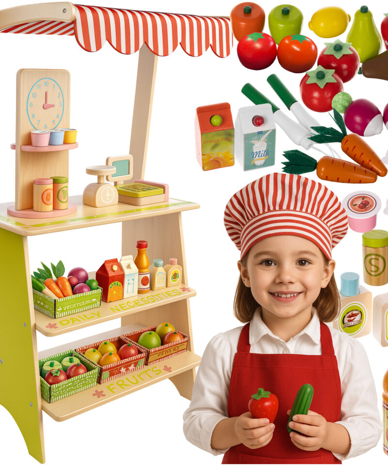 Puidust mängupood koos lisatarvikutega