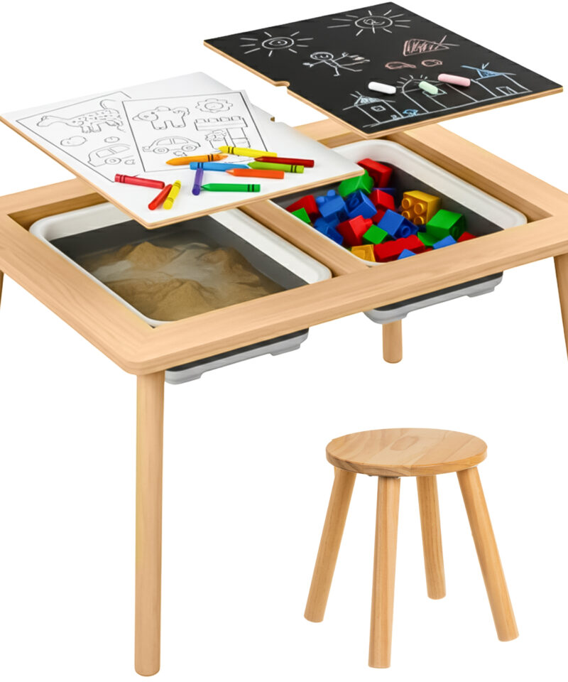 Mitmekülgne mängulaud ja tool lastetuppa