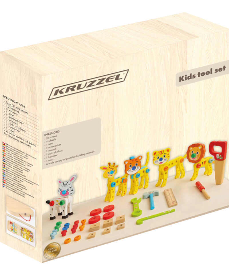 Puidust tööriistakast koos erinevate tööriistadega