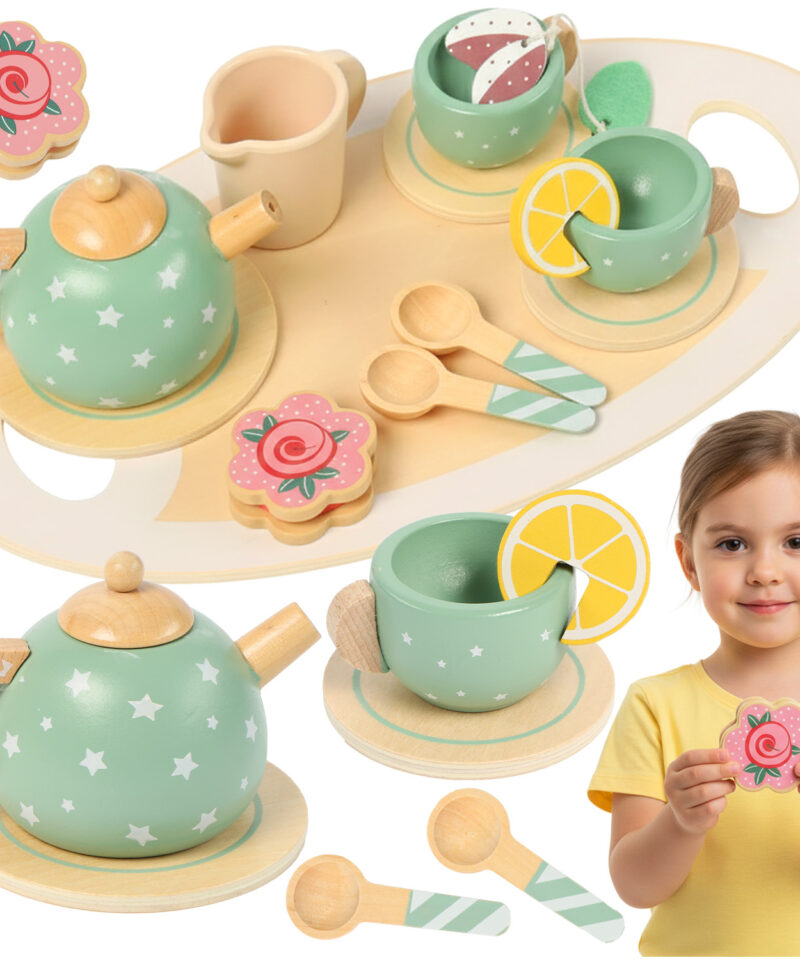 Laste teekomplekt puidust koos tasside ja teekannuga