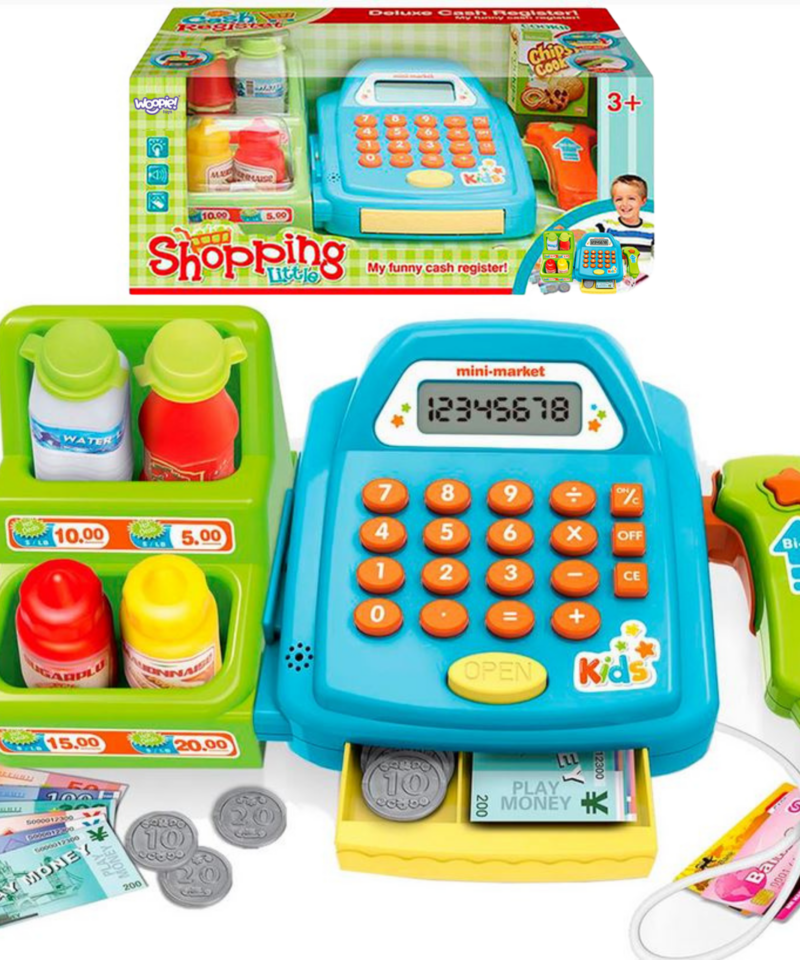 Laste mängukassa tarvikutega ja kalkulaatoriga