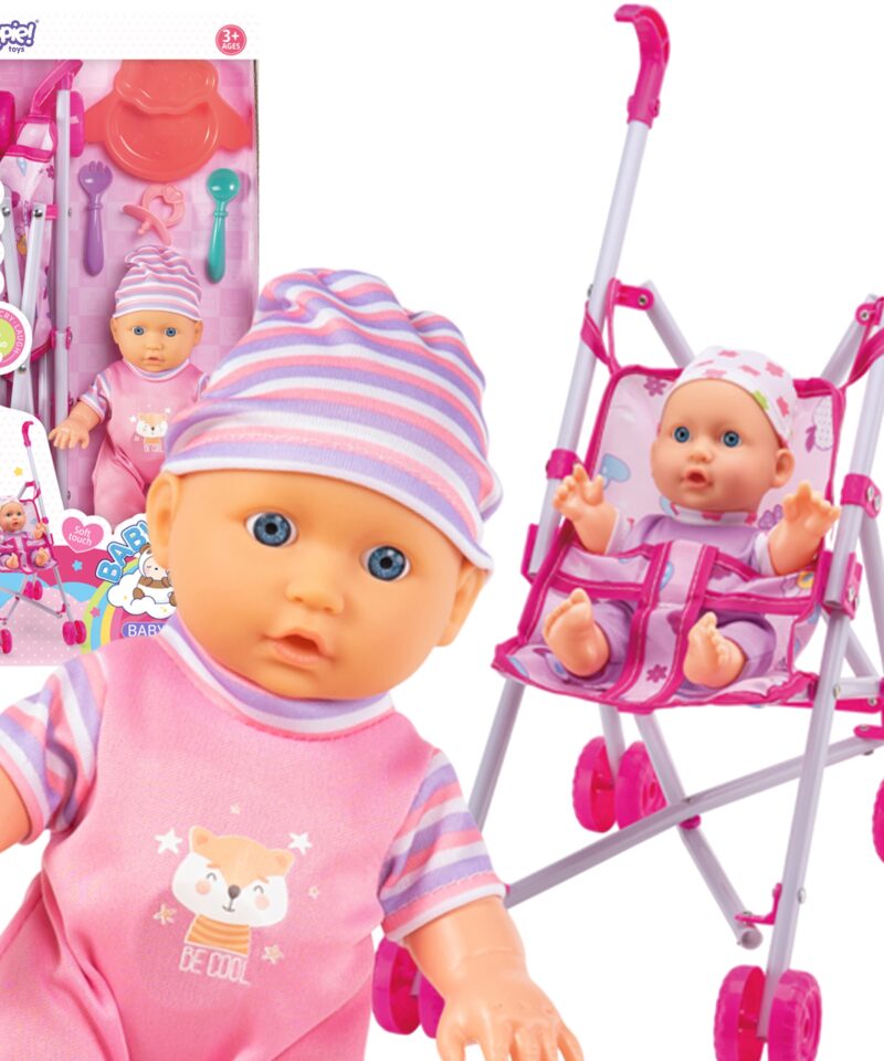 Beebinukk koos jalutuskäru ja tarvikutega