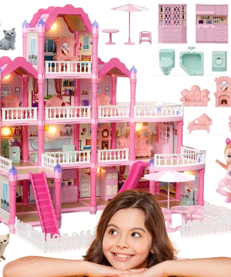 Kolmekorruseline nukumaja roosa katusega