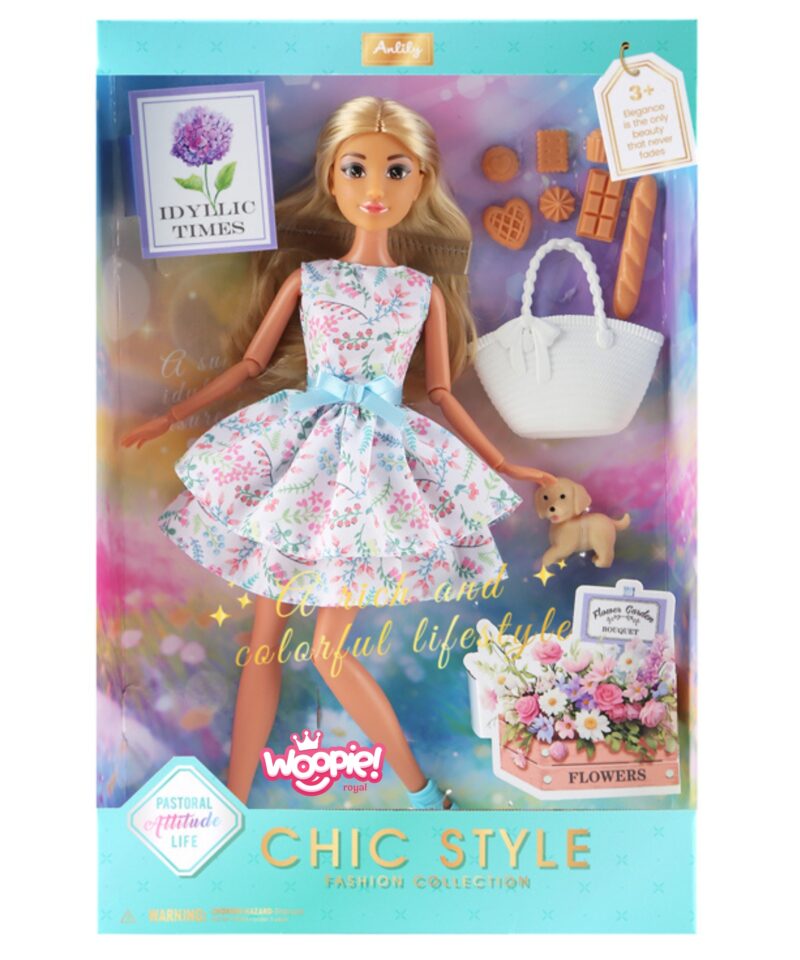 Nukk Lily lillemustrilises kleidis