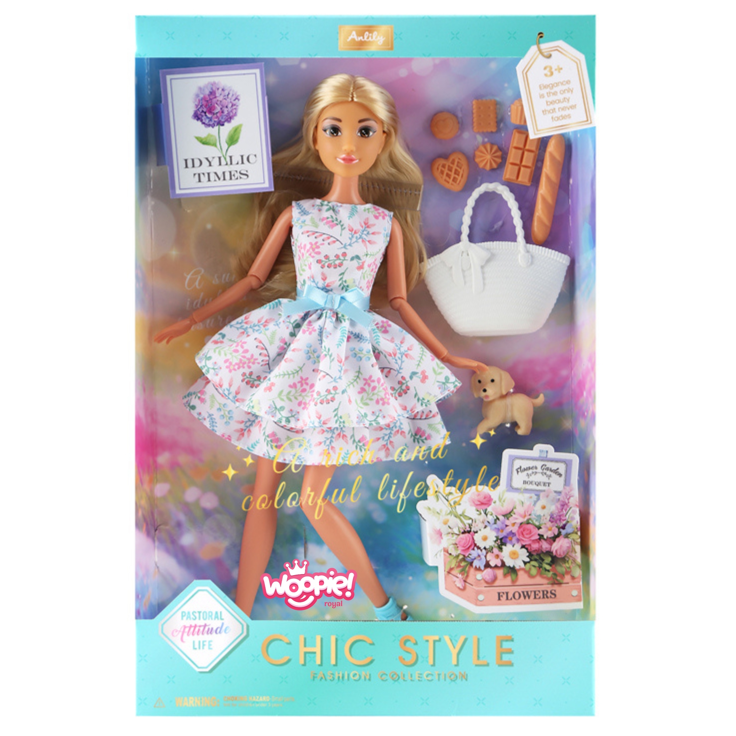 Nukk Lily lillemustrilises kleidis