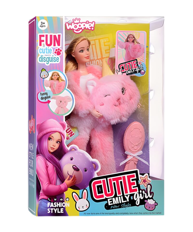 Nukk roosas loomakostüümis kapuutsiga