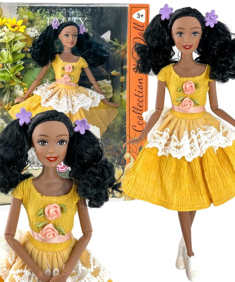 Elegantne nukk mustade juustega kollases kleidis