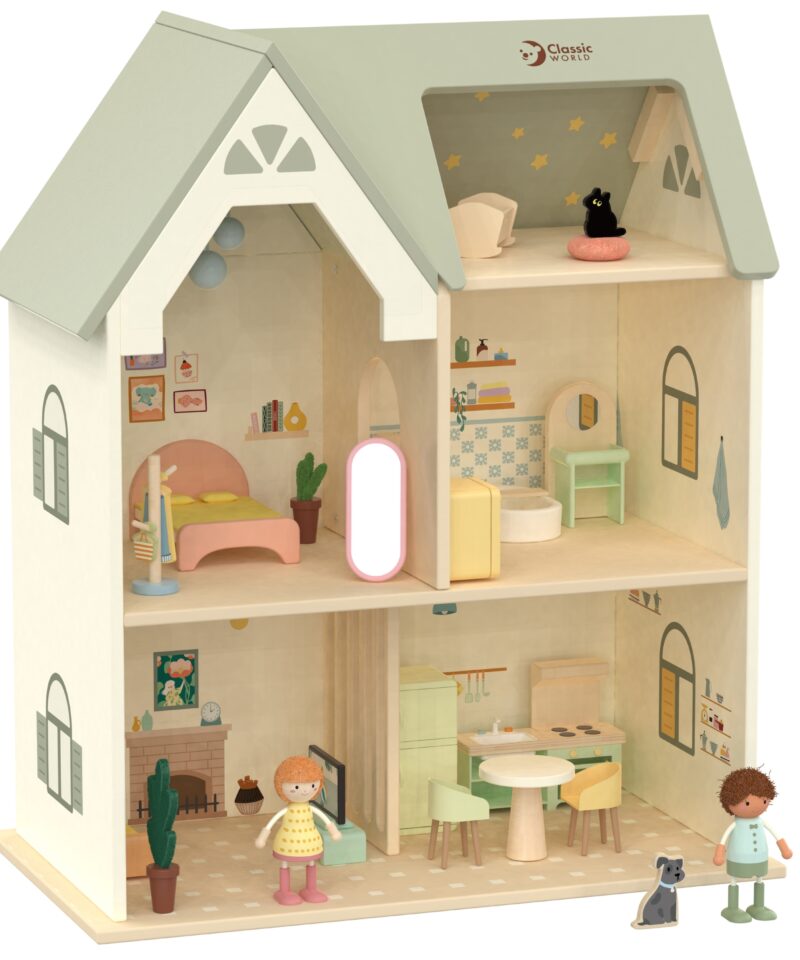 Puidust nukkude mängumaja pastelsetes värvides