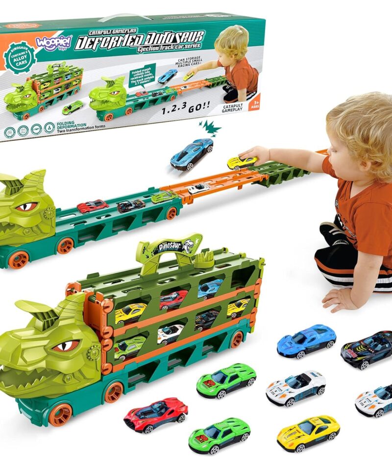 Dinosauruse teemaline mängutransporter koos autodega