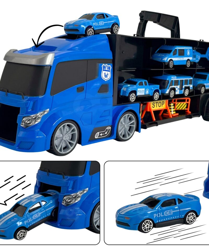 Politsei veokikomplekt koos liiklusmärkide ja tõketega