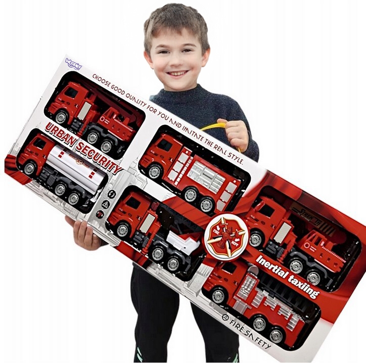 Laste tuletõrjeautode mängukomplekt laual