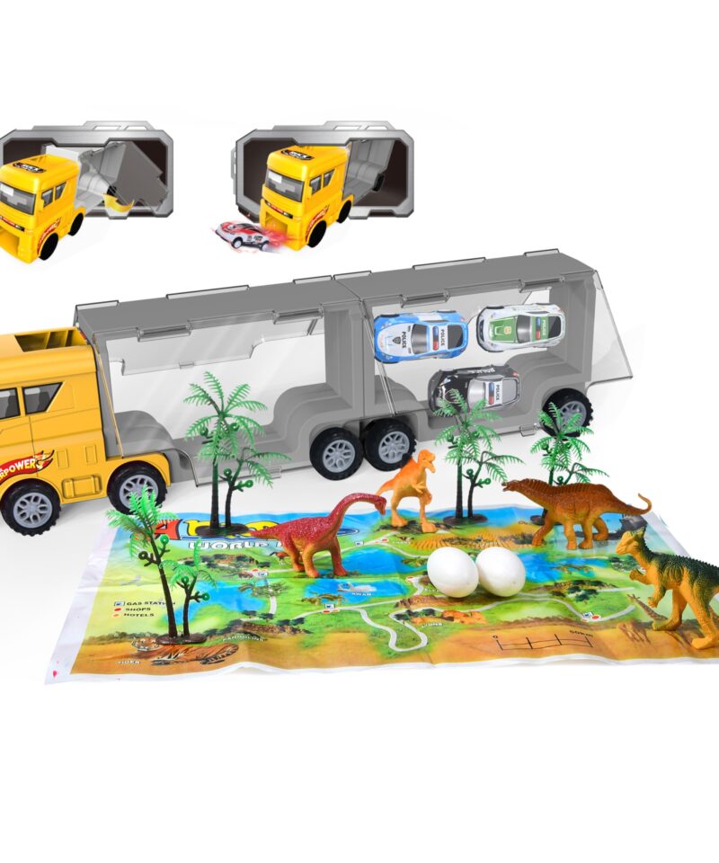 Komplektis dinosauruse figuurid ja sõidukid