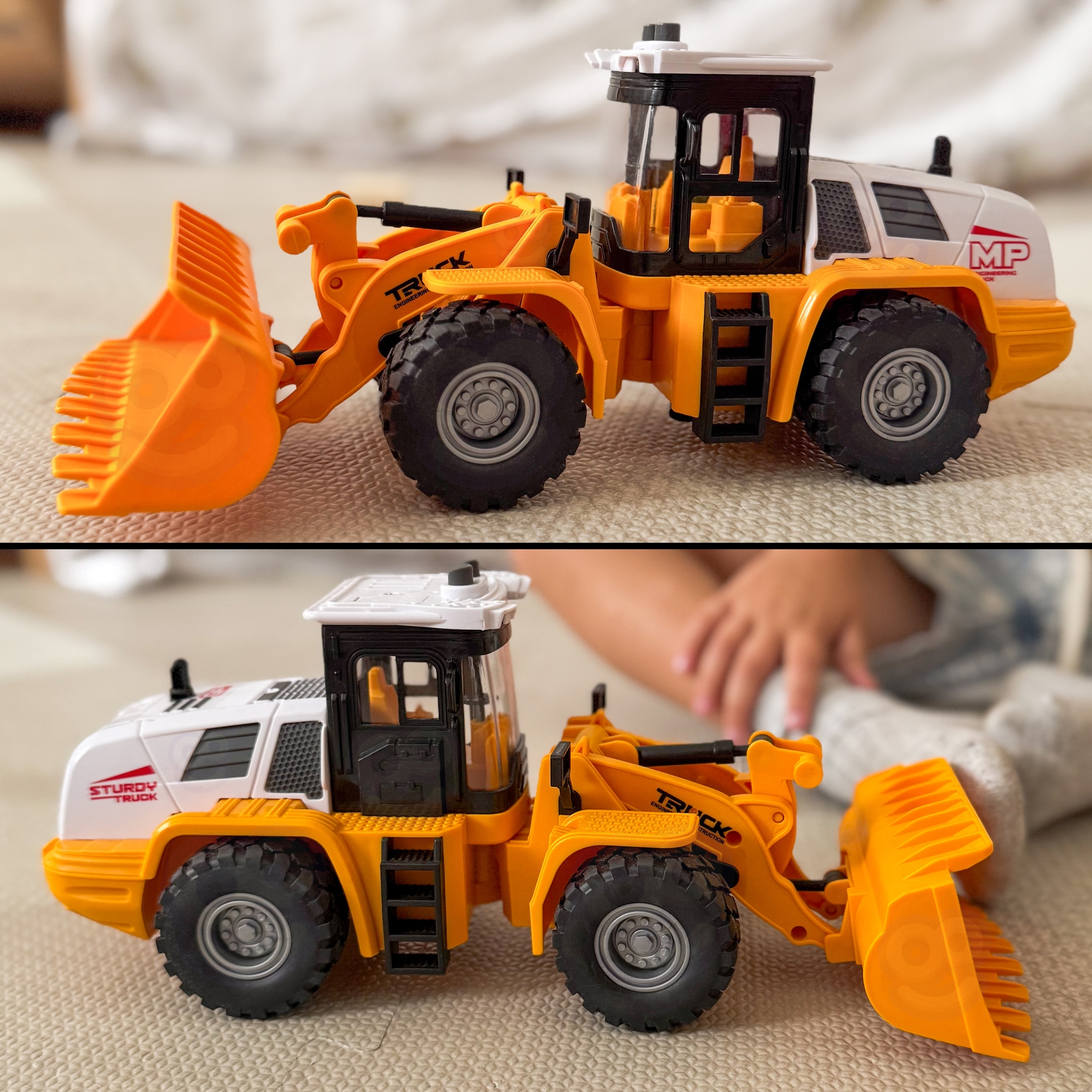 Ehitusmasina mänguauto avatud kapotiga