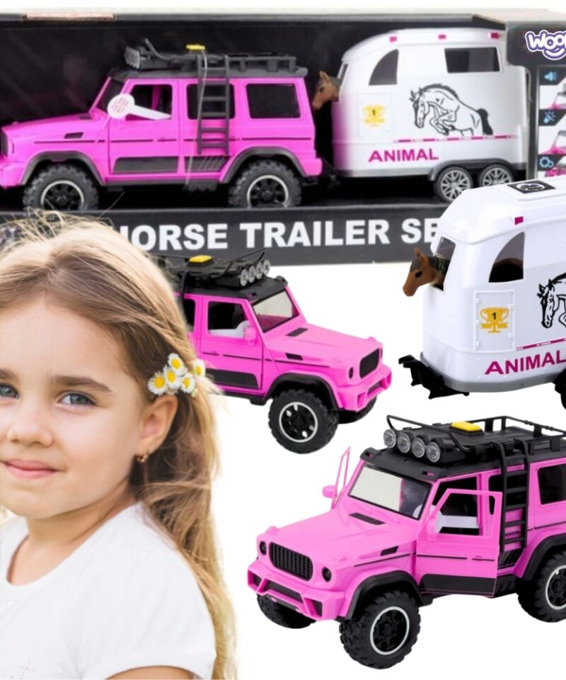 Roosa maastikuauto ja hobune mängukomplekt