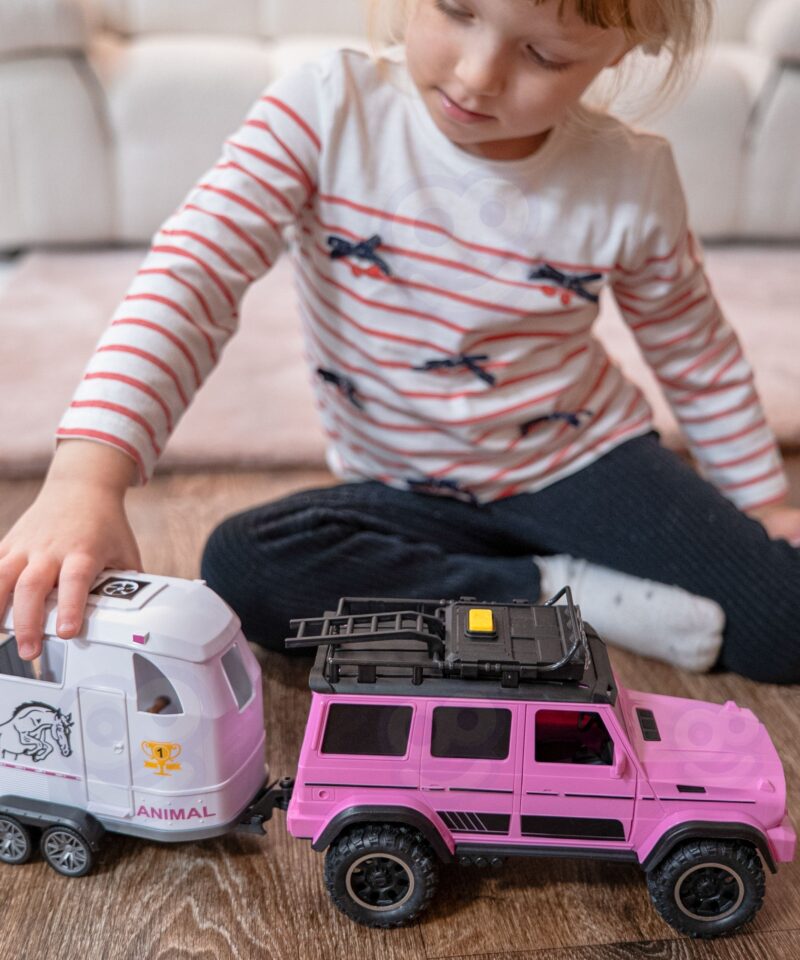 Detailne roosa maastikuauto koos hobusega