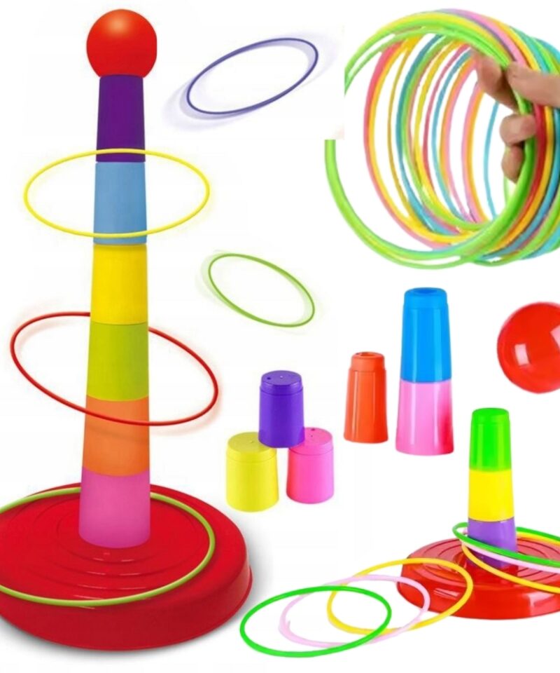 Värviline rõngaviskemäng lastele koos postide ja rõngastega
