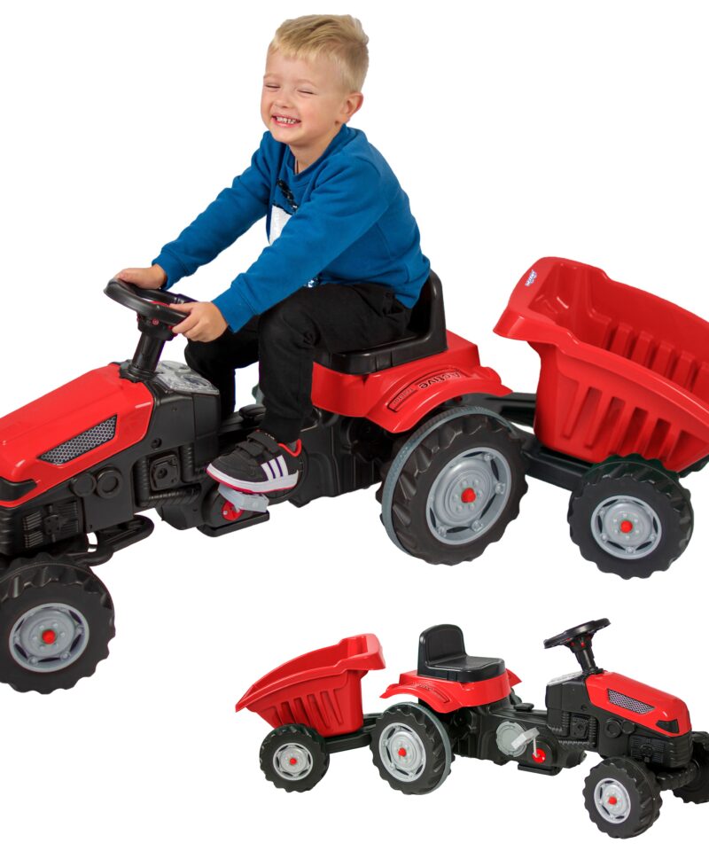Punane laste pedaalidega traktor haagisega