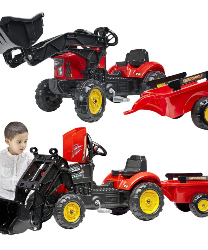 Punane pedaalidega traktor koos haagisega