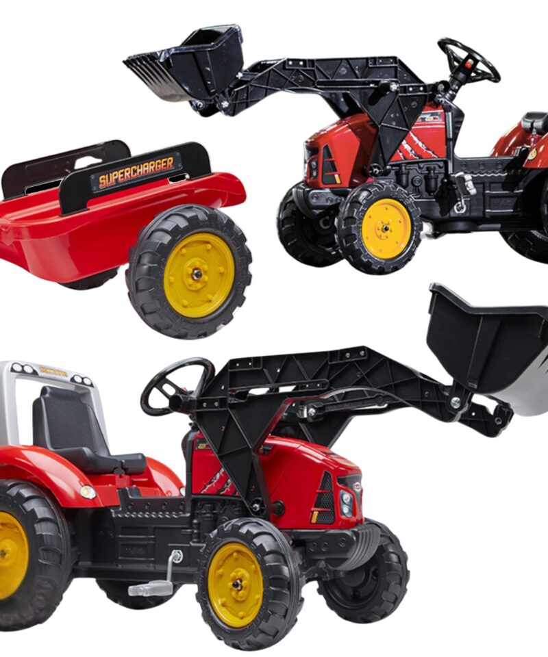 Punane pedaaltraktor koos haagisega