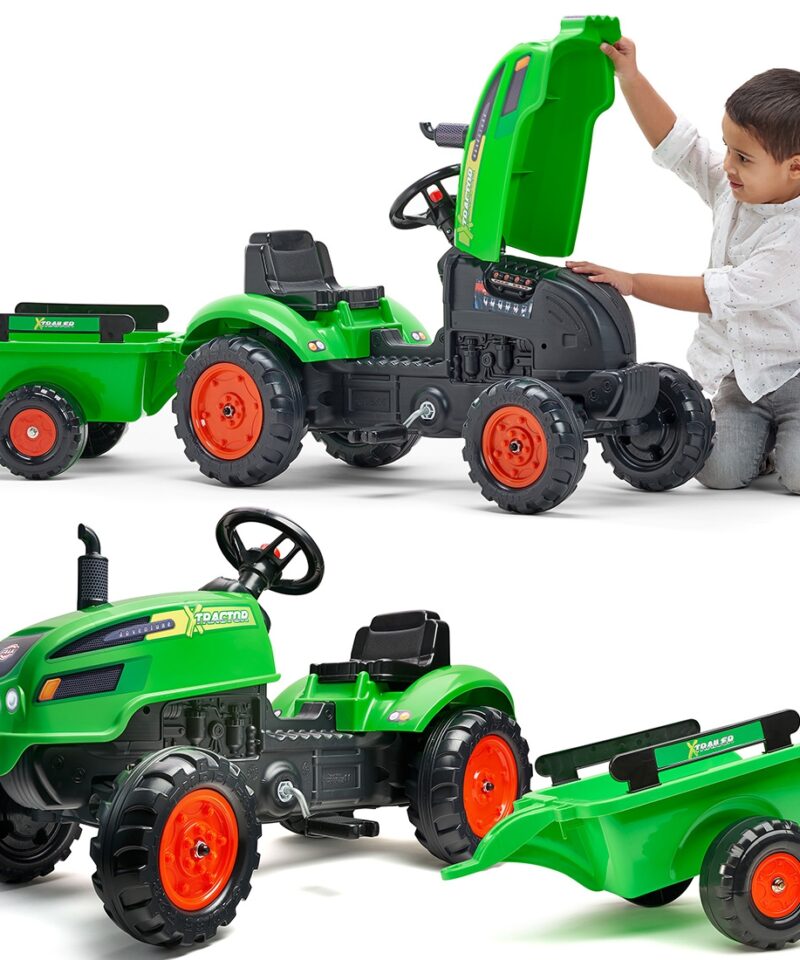 Roheline pedaaltraktor koos järelkäruga