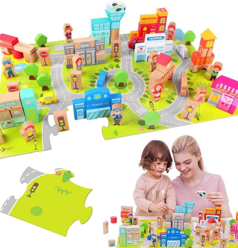 Linnateemalised puidust klotsid lapse mänguks