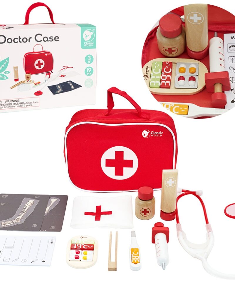 Laste arstikomplekt puidust kohvris