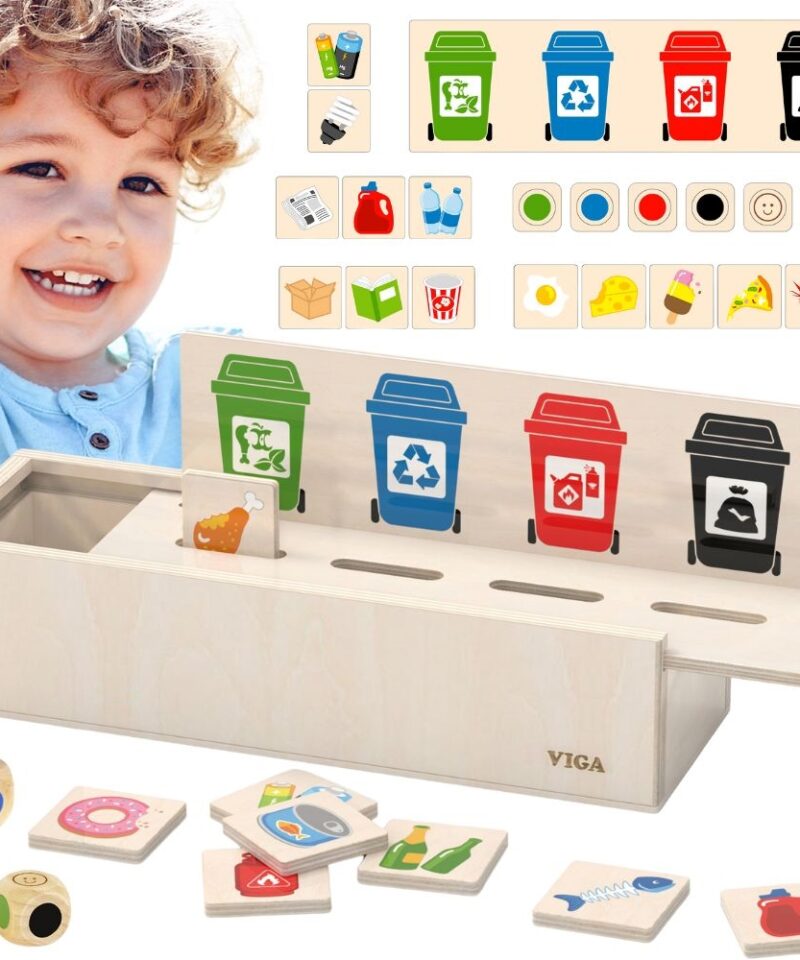 Puidust sorteerimismäng lastele koos prügikastidega
