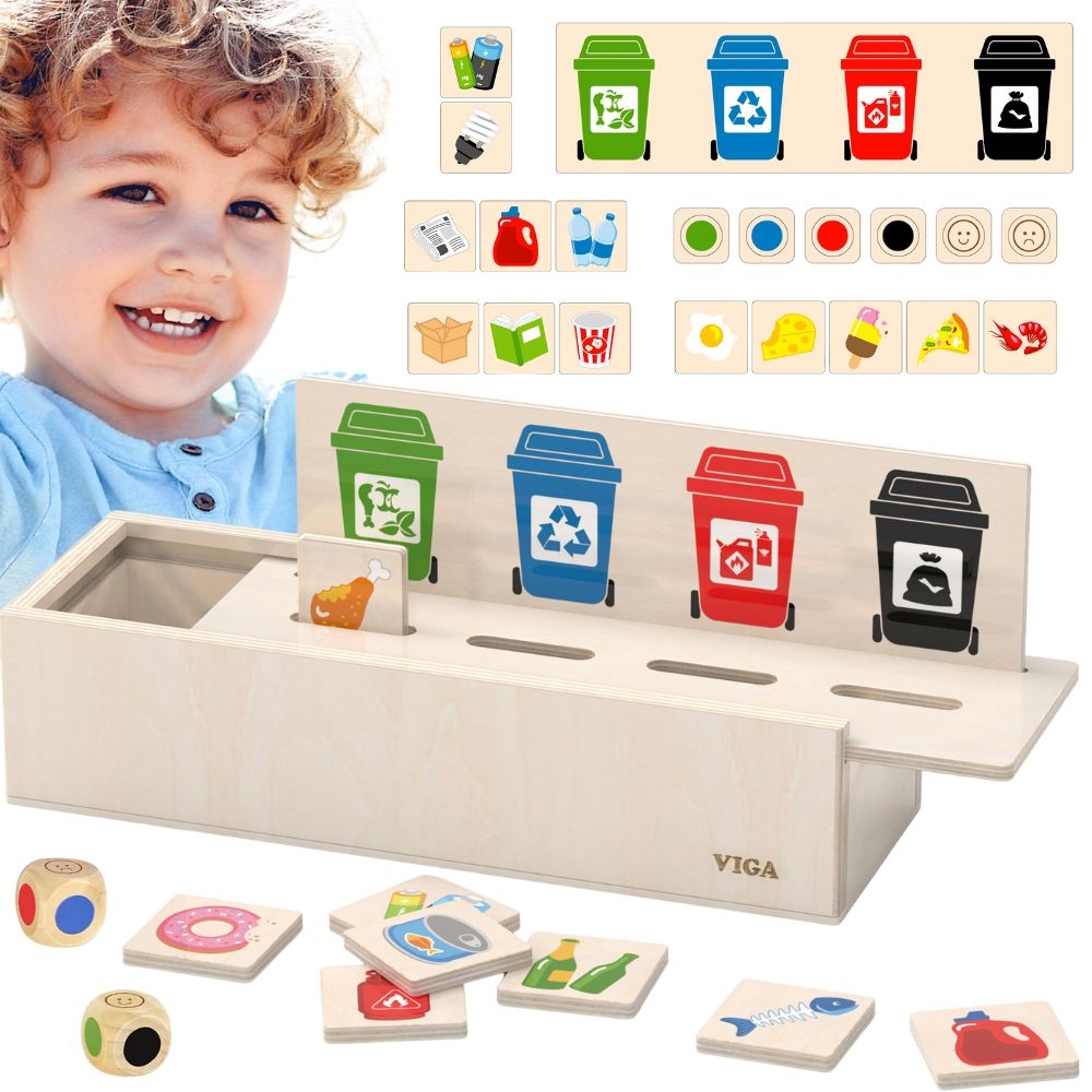 Puidust sorteerimismäng lastele koos prügikastidega