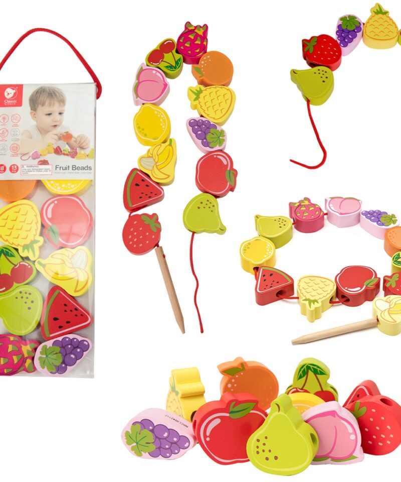 Puidust puuviljade lõngamäng lastele