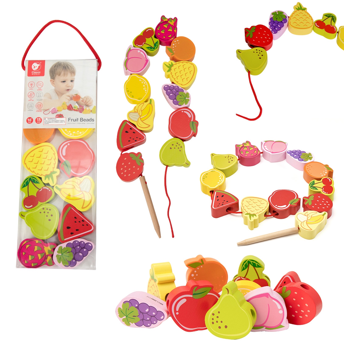 Puidust puuviljade lõngamäng lastele