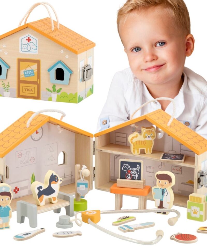 Loomakliiniku mängukomplekt lastele puidust