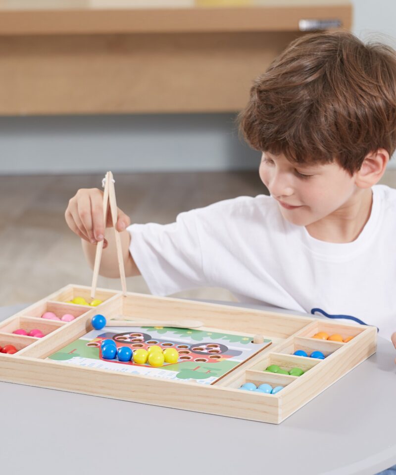 Puidust montessori värvimäng helmete ja mustrikaartidega komplekt