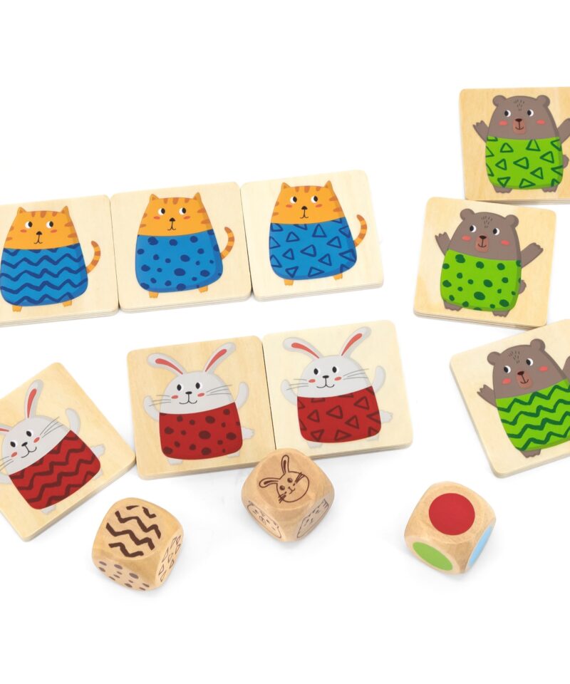 Puidust kiirülesannete mäng täringute ja žetoonidega