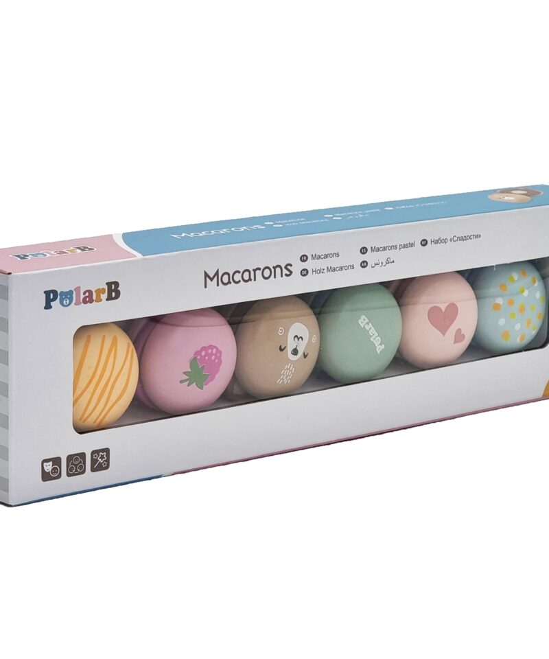 Mittetoksiliste värvidega puidust makroonid lastele turvaliseks mänguks