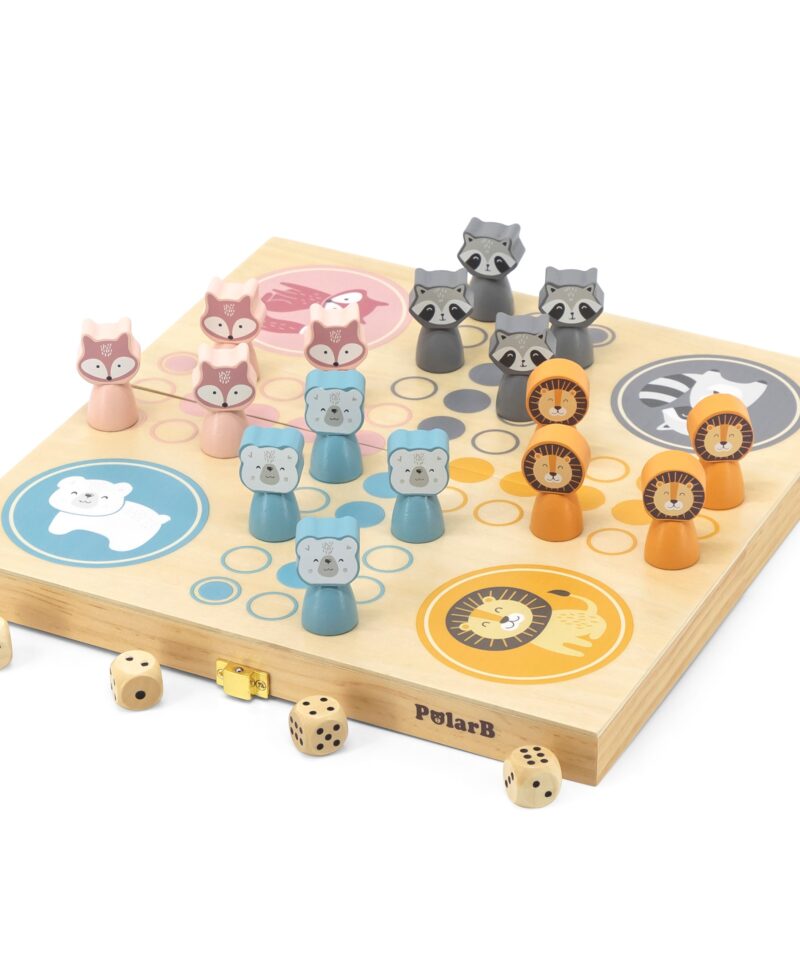 Puidust Ludo lauamäng pastelltoonides nuppudega