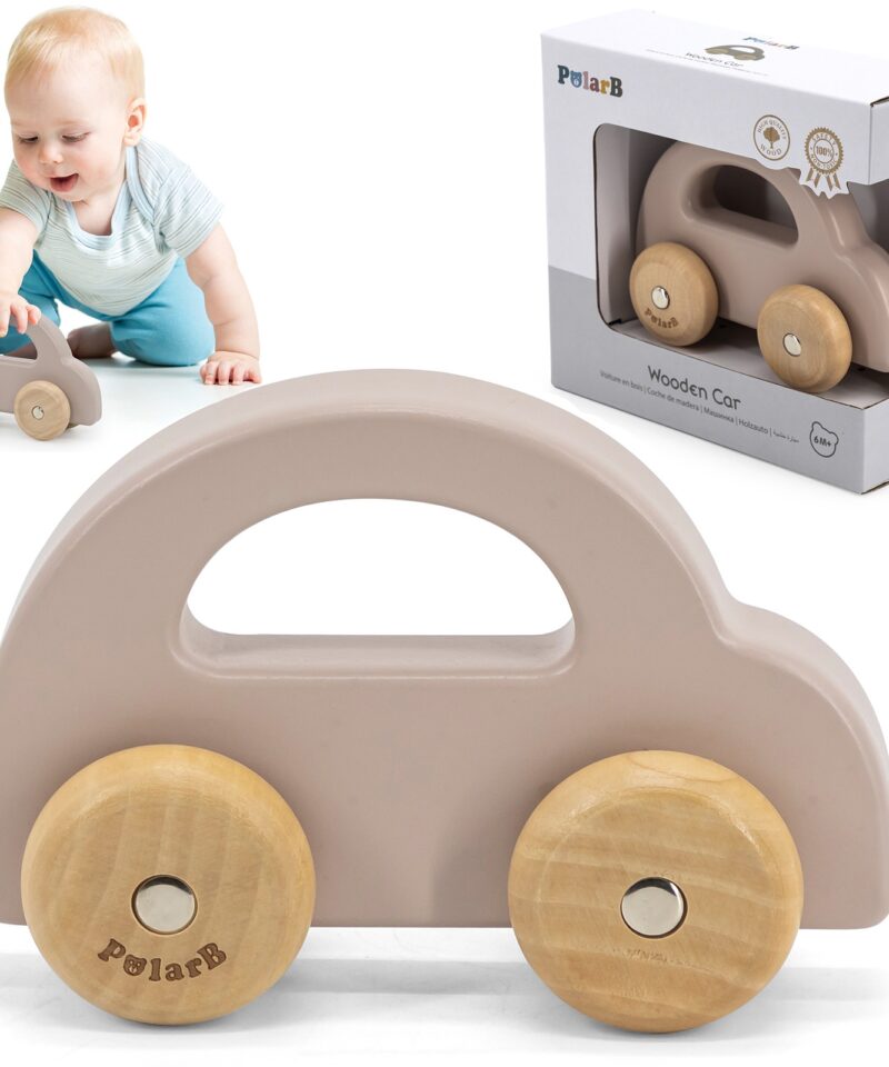 Puidust lükatav mänguauto pastelses disainis