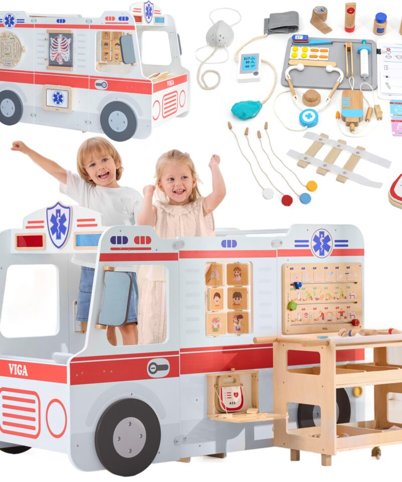 Laste puidust kiirabiauto mängukomplekt