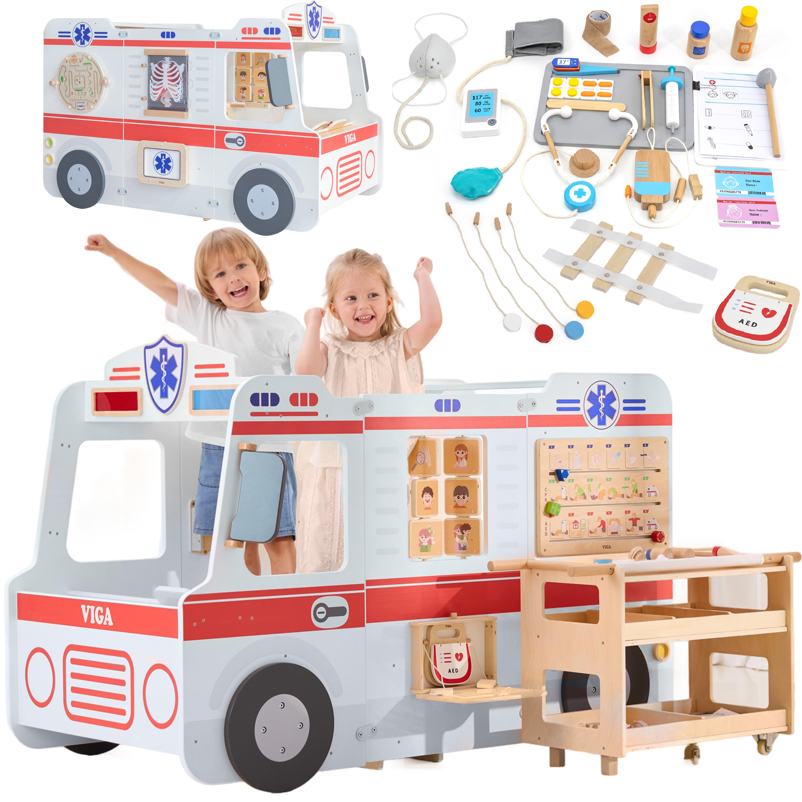 Laste puidust kiirabiauto mängukomplekt
