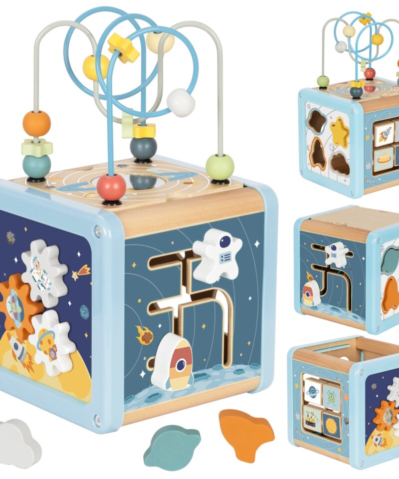 Mitmepoolne puidust tegevuskuubik lastele