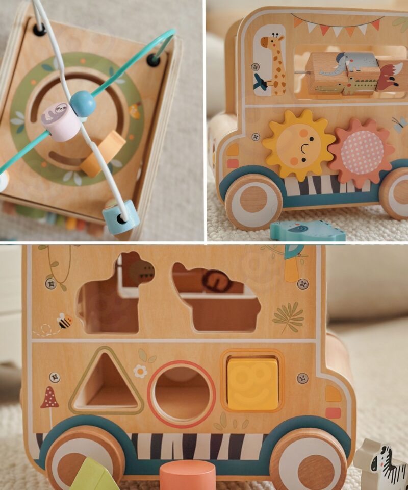 Safari teema puidust aktiivsuskuubikul