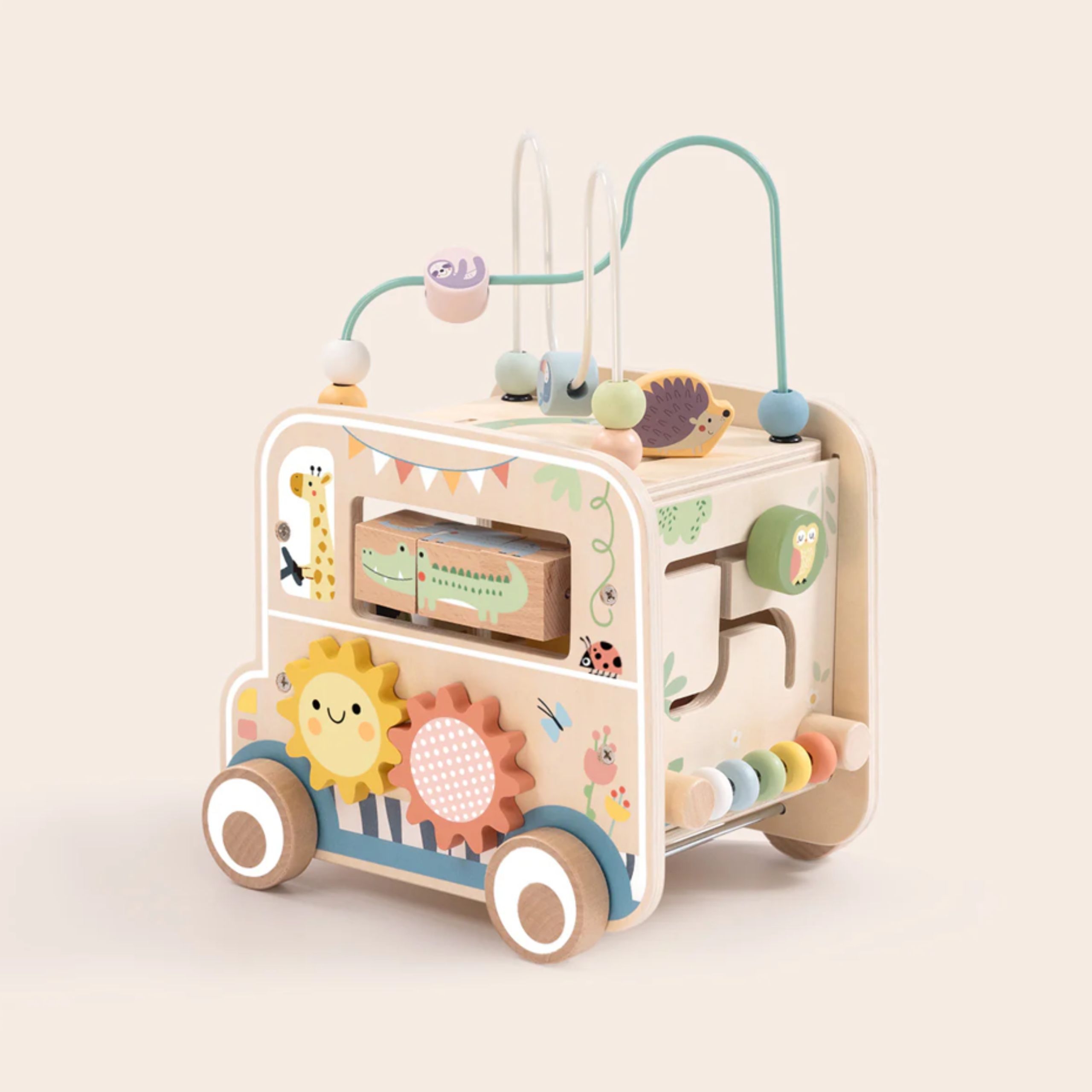 Safari teema puidust aktiivsuskuubikul