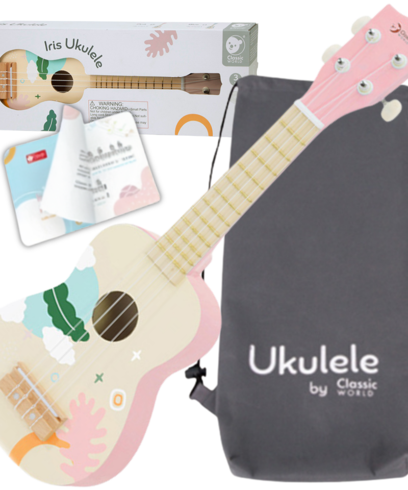 Roosa puidust laste ukulele lähedalt