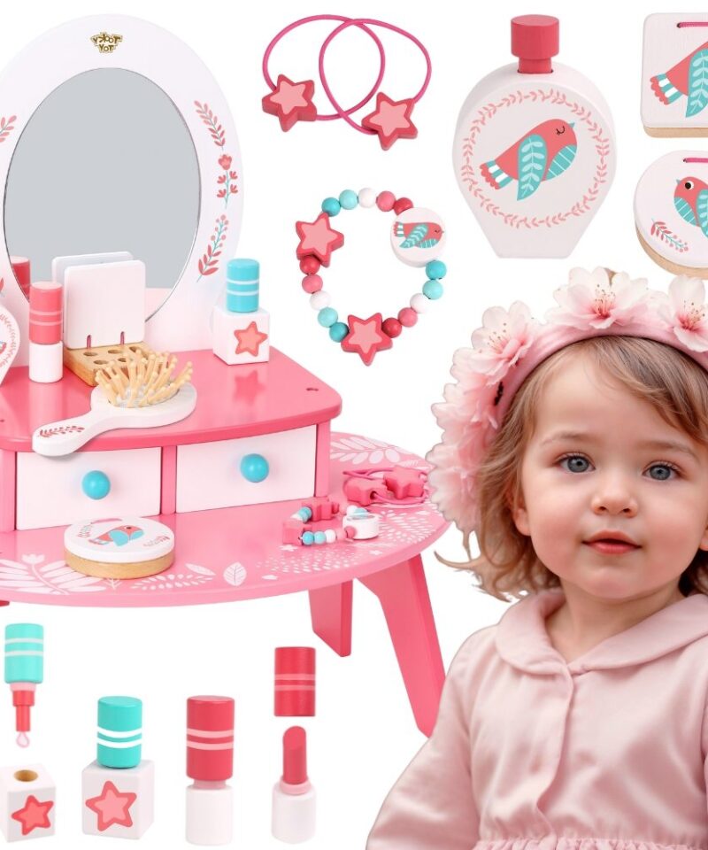 Roosa puidust meigilaud peegliga lastetuppa
