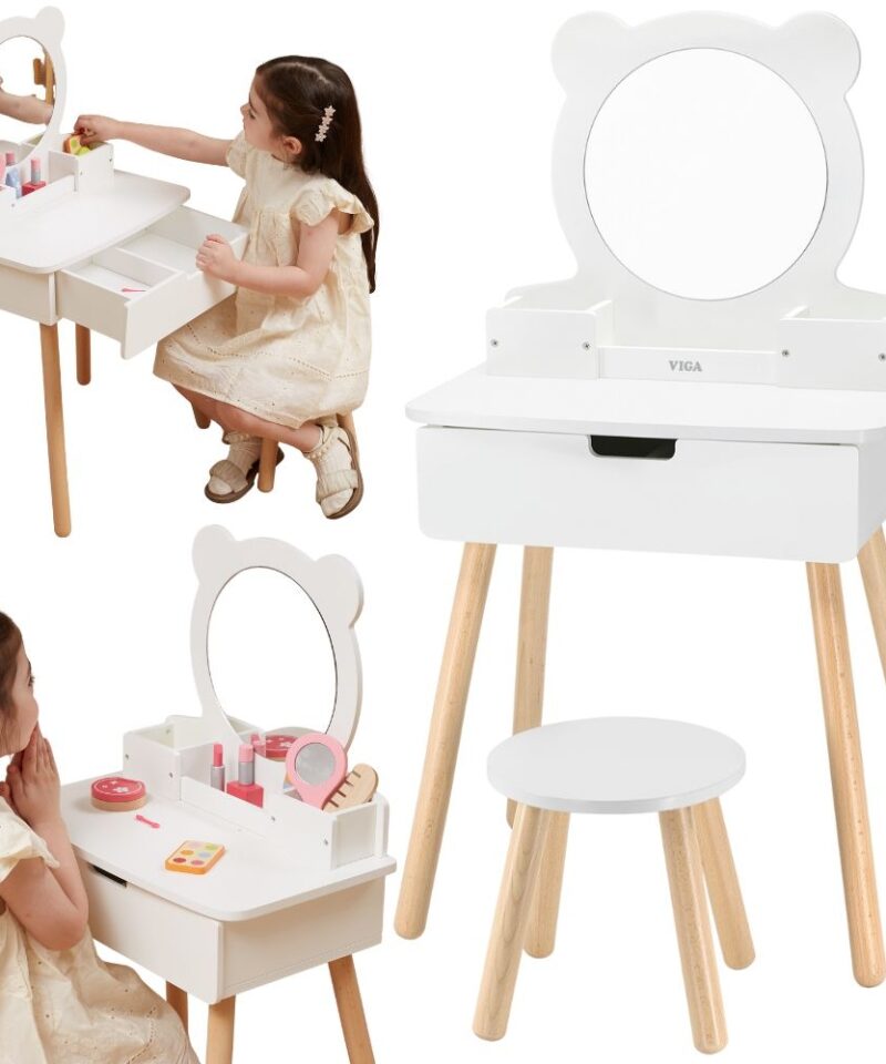 Valge puidust tualettlaud peegliga lastetoas