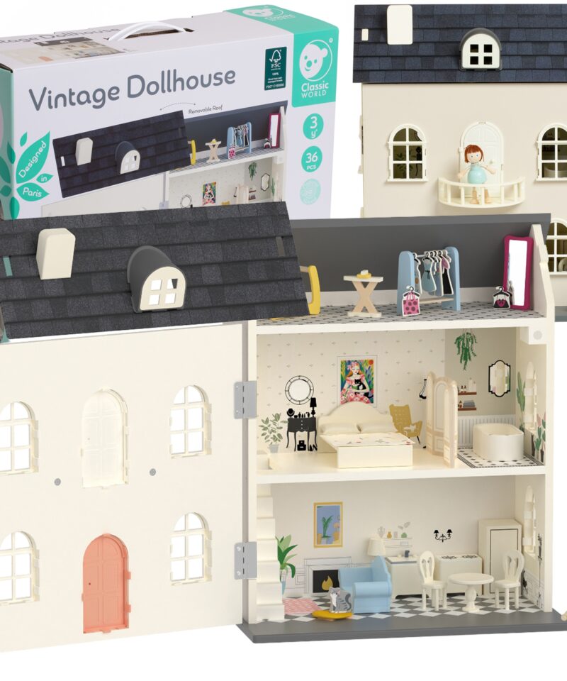 Puidust nuku vintage-maja kolmel korrusel