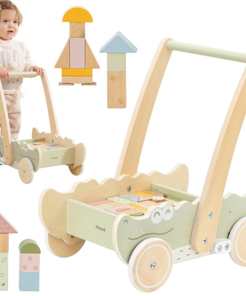 Puidust jalutuskäru klotsidega lastele