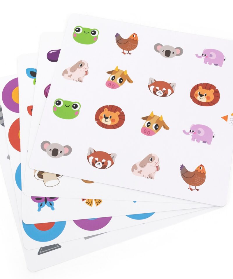 Värvilised illustratsioonid puidust mälumängus