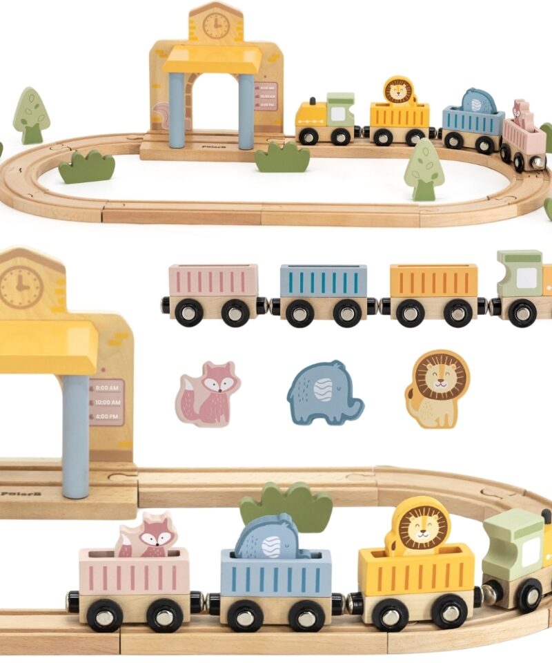 Puidust rongikomplekt koos radade ja jaamaga