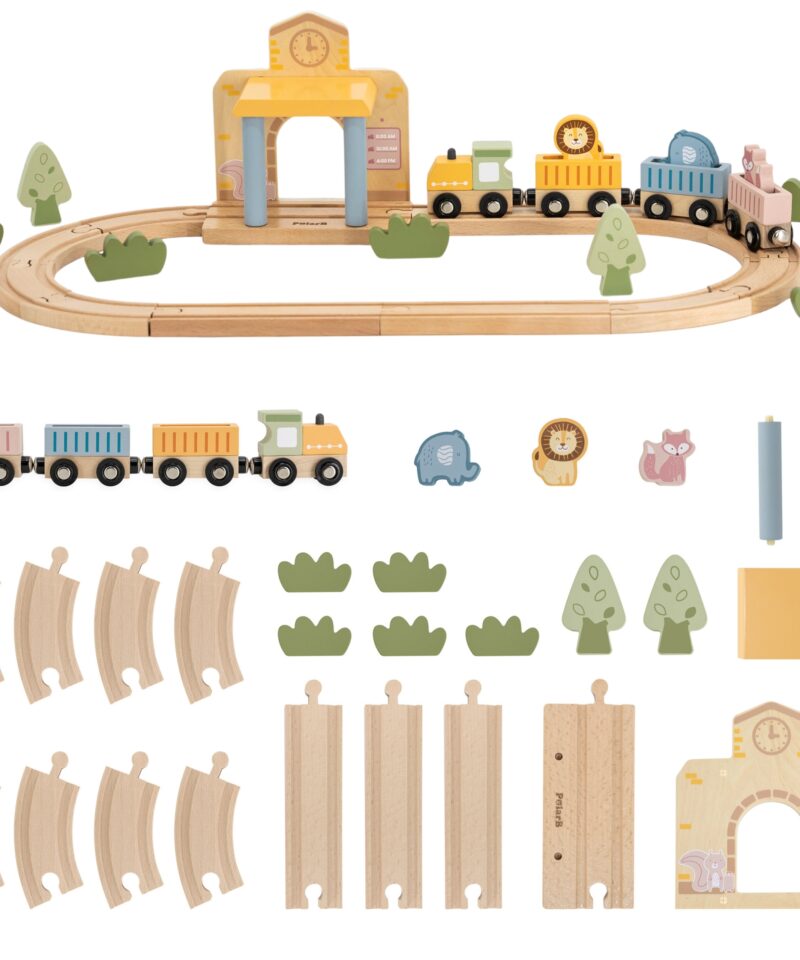 Puidust mängukomplekt loomade ja tarvikutega