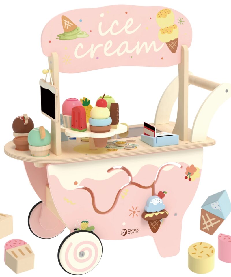 Puidust jäätisekäru koos mängujäätistega